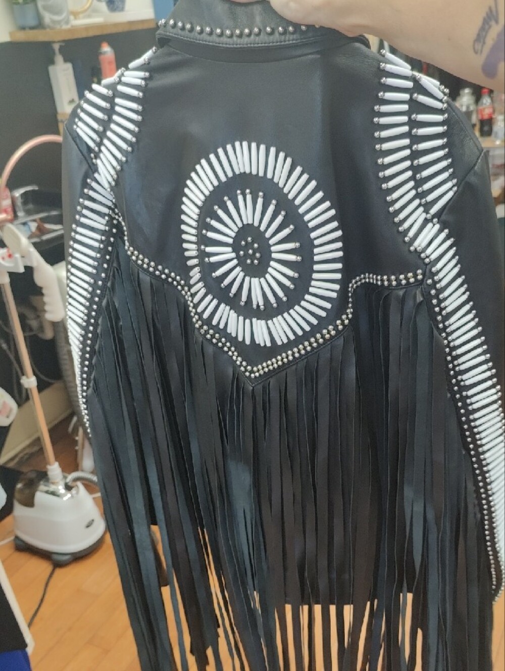 Nasty Gal Geunine Black Leather Moto Jacket with White Stud Sunburst Details - Picture 4 of 11